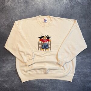 Vintage Scarecrow Crewneck Womens 2X Cream Granny Embroidered Cottage Made USA